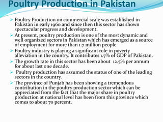 Poultry Production in Pakistan
 Poultry Production on commercial scale was established in
Pakistan in early 1960 and since then this sector has shown
spectacular progress and development.
 At present, poultry production is one of the most dynamic and
well organized sectors in Pakistan which has emerged as a source
of employment for more than 1.7 million people.
 Poultry industry is playing a significant role in poverty
alleviation in the country. It contributes 1.7% of GDP of Pakistan.
 The growth rate in this sector has been about 12.5% per annum
for about last one decade.
 Poultry production has assumed the status of one of the leading
sectors in the country.
 The province of Punjab has been showing a tremendous
contribution in the poultry production sector which can be
appreciated from the fact that the major share in poultry
production at national level has been from this province which
comes to about 70 percent.
 