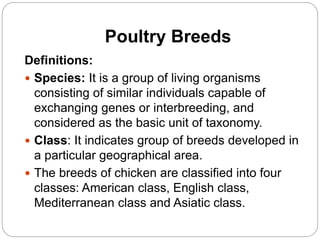 Poultry Breeds
Definitions:
 Species: It is a group of living organisms
consisting of similar individuals capable of
exchanging genes or interbreeding, and
considered as the basic unit of taxonomy.
 Class: It indicates group of breeds developed in
a particular geographical area.
 The breeds of chicken are classified into four
classes: American class, English class,
Mediterranean class and Asiatic class.
 