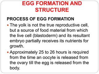 EGG FORMATION AND
STRUCTURE
PROCESS OF EGG FORMATION
 The yolk is not the true reproductive cell,
but a source of food material from which
the live cell (blastoderm) and its resultant
embryo partially receives its nutrients for
growth.
 Approximately 25 to 26 hours is required
from the time an oocyte is released from
the ovary till the egg is released from the
body.
 