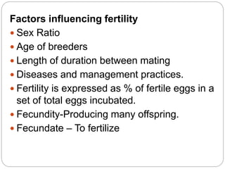 Factors influencing fertility
 Sex Ratio
 Age of breeders
 Length of duration between mating
 Diseases and management practices.
 Fertility is expressed as % of fertile eggs in a
set of total eggs incubated.
 Fecundity-Producing many offspring.
 Fecundate – To fertilize
 
