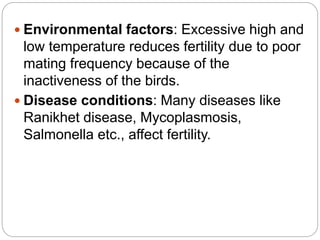  Environmental factors: Excessive high and
low temperature reduces fertility due to poor
mating frequency because of the
inactiveness of the birds.
 Disease conditions: Many diseases like
Ranikhet disease, Mycoplasmosis,
Salmonella etc., affect fertility.
 