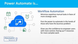 Workflow Automation
Minimize repetitive manual tasks in favor of
more strategic work.
Puts the power to automate in the hands of
those who have the business problem
Gives you the confidence to empower users
with more control, freeing up IT resources
for more complex work
Power Automate is…
 