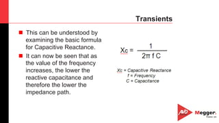 17
Transients
n  This can be understood by
examining the basic formula
for Capacitive Reactance.
n  It can now be seen that as
the value of the frequency
increases, the lower the
reactive capacitance and
therefore the lower the
impedance path.
 