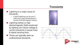 18
Transients
n  Lightning is a major cause of
transients.
•  A bolt of lightning can be over 5
miles long, reach temperatures in
excess of 20,000 degrees Celsius.
n  Lightning strikes or high
electromagnetic fields produced
by lighting can induce voltage &
current transients in power lines
& signal carrying lines.
n  These are typically seen as
unidirectional transients.
 