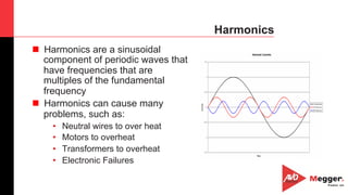 31
Harmonics
n  Harmonics are a sinusoidal
component of periodic waves that
have frequencies that are
multiples of the fundamental
frequency
n  Harmonics can cause many
problems, such as:
•  Neutral wires to over heat
•  Motors to overheat
•  Transformers to overheat
•  Electronic Failures
 