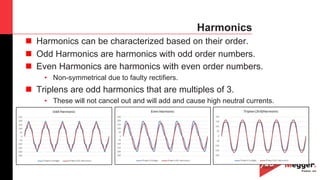 35
Harmonics
n  Harmonics can be characterized based on their order.
n  Odd Harmonics are harmonics with odd order numbers.
n  Even Harmonics are harmonics with even order numbers.
•  Non-symmetrical due to faulty rectifiers.
n  Triplens are odd harmonics that are multiples of 3.
•  These will not cancel out and will add and cause high neutral currents.
 