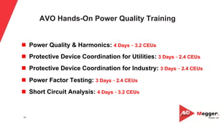 45
AVO Hands-On Power Quality Training
n  Power Quality & Harmonics: 4 Days – 3.2 CEUs
n  Protective Device Coordination for Utilities: 3 Days – 2.4 CEUs
n  Protective Device Coordination for Industry: 3 Days – 2.4 CEUs
n  Power Factor Testing: 3 Days – 2.4 CEUs
n  Short Circuit Analysis: 4 Days – 3.2 CEUs
 