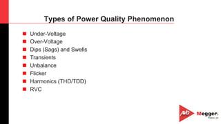 6
Types of Power Quality Phenomenon
n  Under-Voltage
n  Over-Voltage
n  Dips (Sags) and Swells
n  Transients
n  Unbalance
n  Flicker
n  Harmonics (THD/TDD)
n  RVC
 