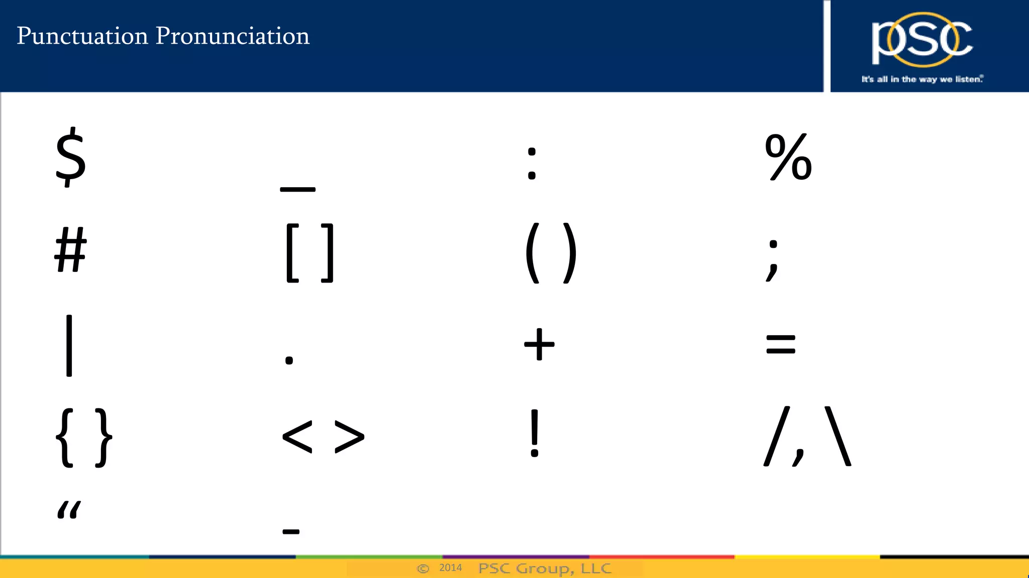 2014
Punctuation Pronunciation
$ _ : %
# [ ] ( ) ;
| . + =
{ } < > ! /, 
“ -
 