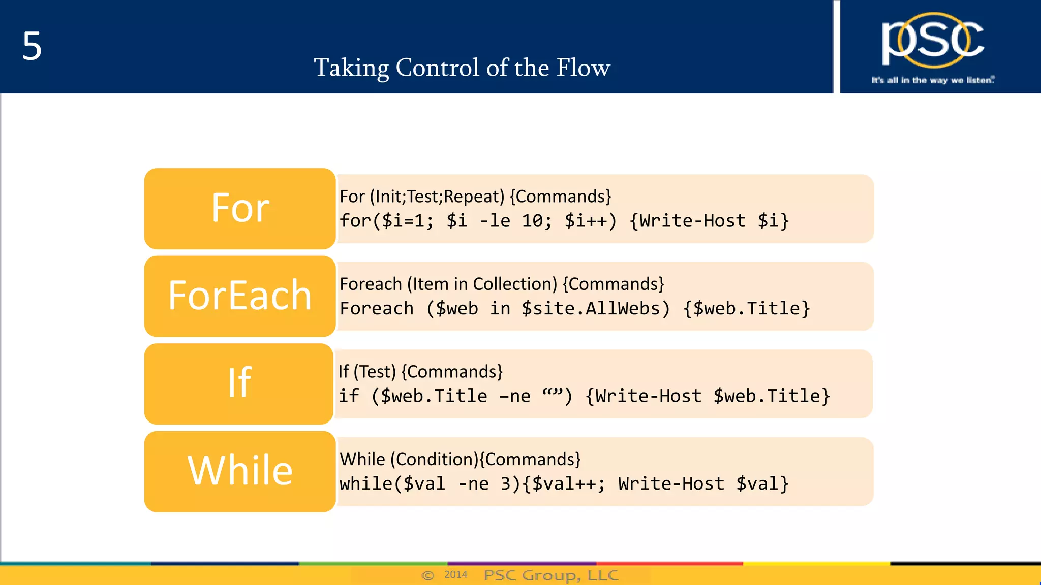 2014
Taking Control of the Flow
• For (Init;Test;Repeat) {Commands}
• for($i=1; $i -le 10; $i++) {Write-Host $i}For
• Foreach (Item in Collection) {Commands}
• Foreach ($web in $site.AllWebs) {$web.Title}ForEach
• If (Test) {Commands}
• if ($web.Title –ne “”) {Write-Host $web.Title}If
• While (Condition){Commands}
• while($val -ne 3){$val++; Write-Host $val}While
5
 