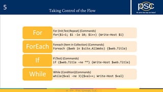2014
Taking Control of the Flow
• For (Init;Test;Repeat) {Commands}
• for($i=1; $i -le 10; $i++) {Write-Host $i}For
• Foreach (Item in Collection) {Commands}
• Foreach ($web in $site.AllWebs) {$web.Title}ForEach
• If (Test) {Commands}
• if ($web.Title –ne “”) {Write-Host $web.Title}If
• While (Condition){Commands}
• while($val -ne 3){$val++; Write-Host $val}While
5
 