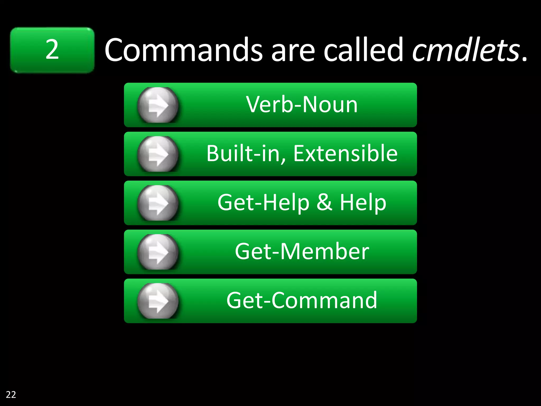 22 Commands are called cmdlets. Verb-Noun Built-in, Extensible Get-Help & Help Get-Member Get-Command 2 