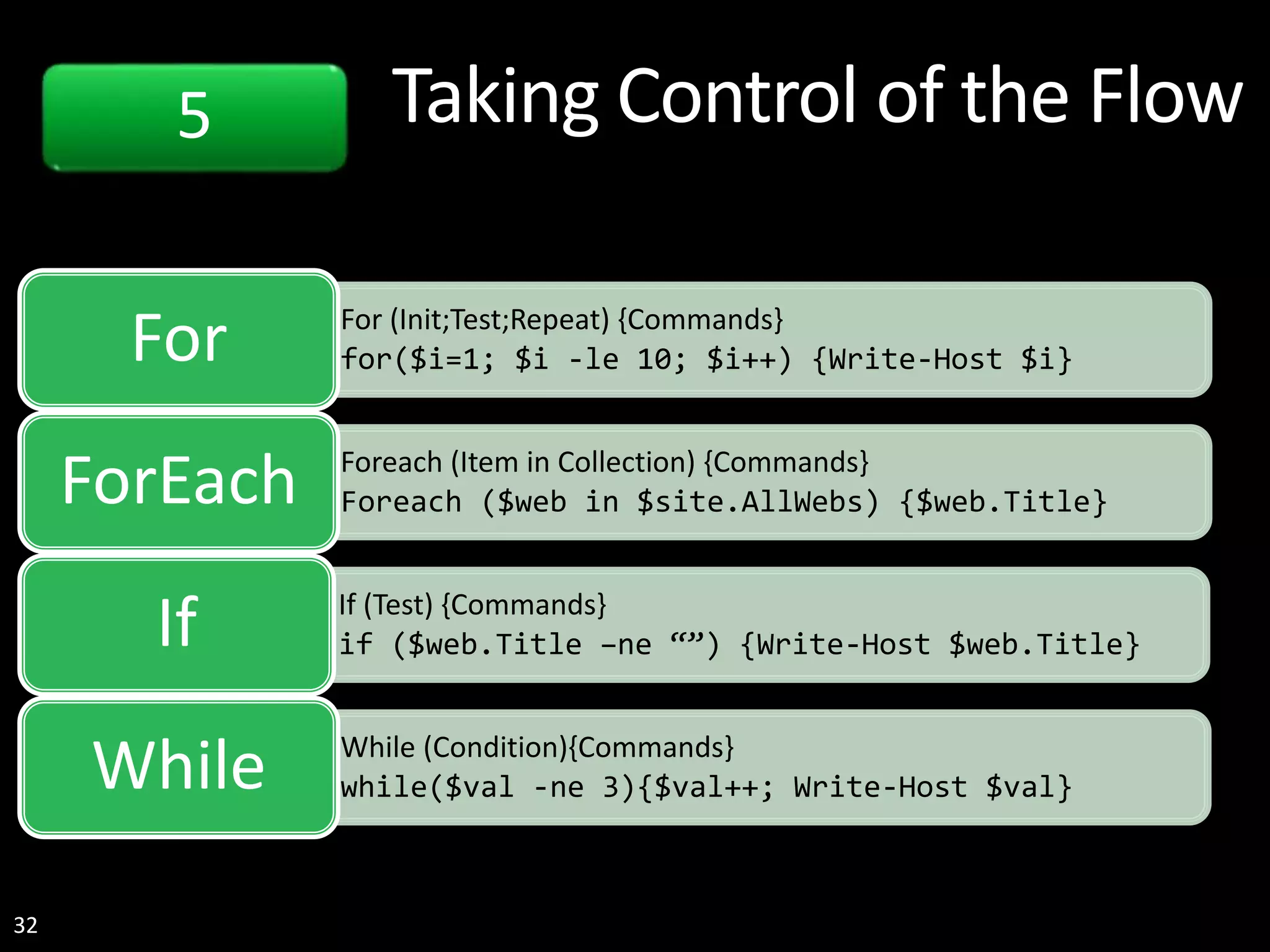 32 Taking Control of the Flow5 • For (Init;Test;Repeat) {Commands} • for($i=1; $i -le 10; $i++) {Write-Host $i}For • Foreach (Item in Collection) {Commands} • Foreach ($web in $site.AllWebs) {$web.Title}ForEach • If (Test) {Commands} • if ($web.Title –ne “”) {Write-Host $web.Title}If • While (Condition){Commands} • while($val -ne 3){$val++; Write-Host $val}While 