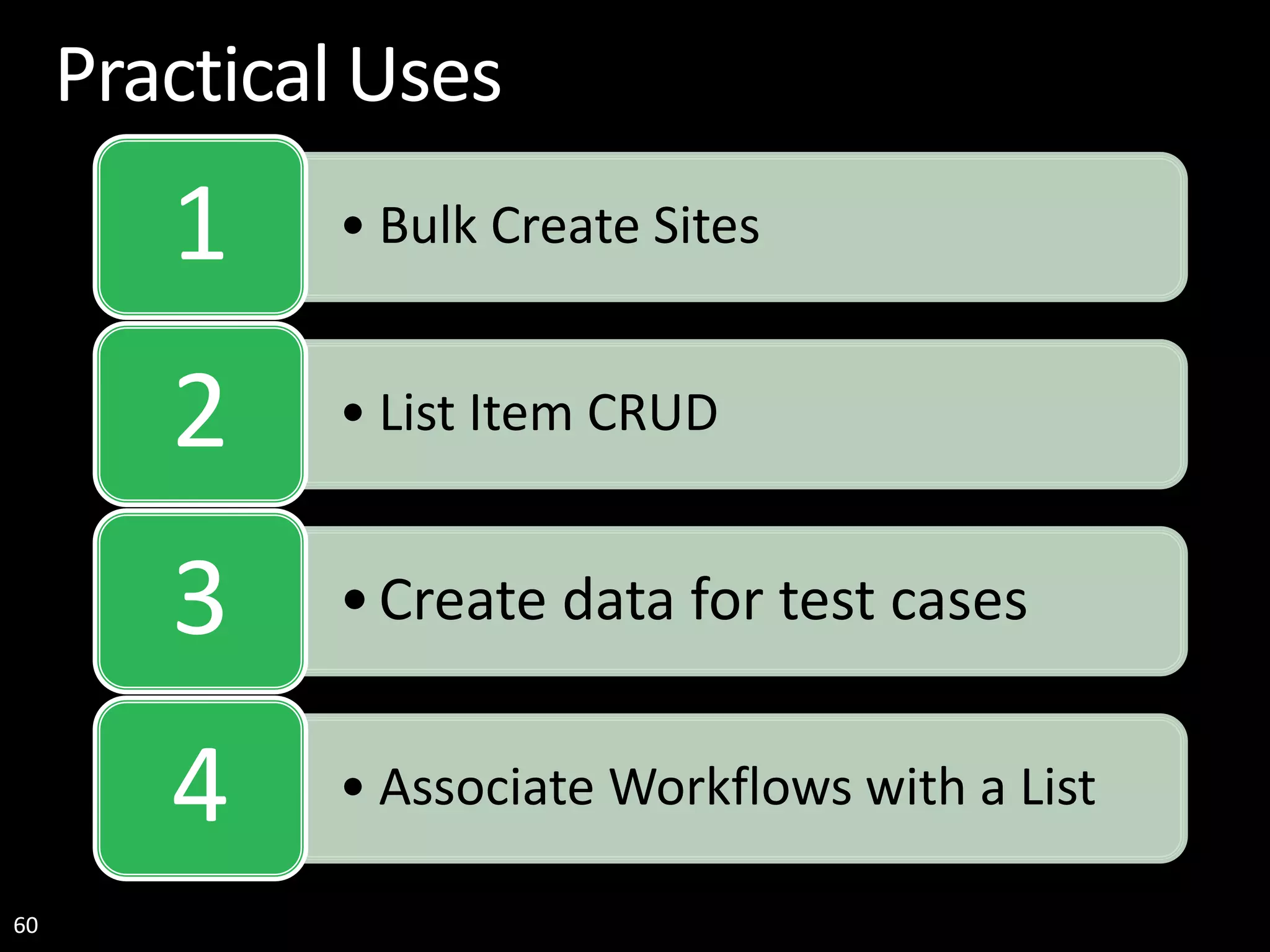 60 Practical Uses • Bulk Create Sites1 • List Item CRUD2 •Create data for test cases3 • Associate Workflows with a List4 