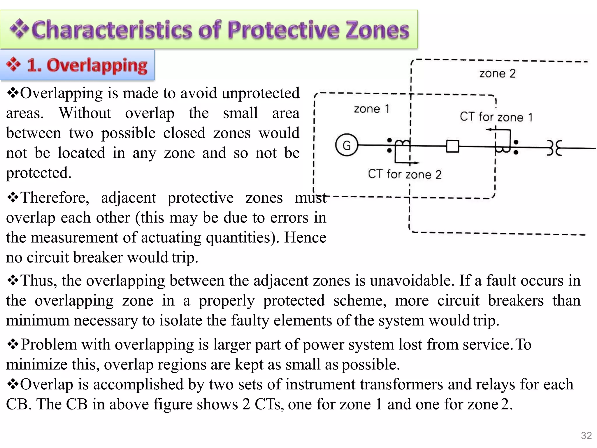 Overlapping is made to avoid unprotected
areas. Without overlap the small area
between two possible closed zones would
not be located in any zone and so not be
protected.
Therefore, adjacent protective zones must
overlap each other (this may be due to errors in
the measurement of actuating quantities). Hence
no circuit breaker would trip.
Thus, the overlapping between the adjacent zones is unavoidable. If a fault occurs in
the overlapping zone in a properly protected scheme, more circuit breakers than
minimum necessary to isolate the faulty elements of the system would trip.
Problem with overlapping is larger part of power system lost from service.To
minimize this, overlap regions are kept as small as possible.
Overlap is accomplished by two sets of instrument transformers and relays for each
CB. The CB in above figure shows 2 CTs, one for zone 1 and one for zone2.
32
 