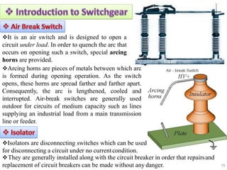 15
It is an air switch and is designed to open a
circuit under load. In order to quench the arc that
occurs on opening such a switch, special arcing
horns are provided.
Arcing horns are pieces of metals between which arc
is formed during opening operation. As the switch
opens, these horns are spread farther and farther apart.
Consequently, the arc is lengthened, cooled and
interrupted. Air-break switches are generally used
outdoor for circuits of medium capacity such as lines
supplying an industrial load from a main transmission
line or feeder.
Isolators are disconnecting switches which can be used
for disconnecting a circuit under no currentcondition.
They are generally installed along with the circuit breaker in order that repairsand
replacement of circuit breakers can be made without any danger.
 