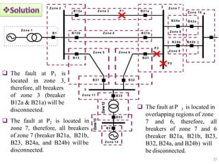 Zone 1
Zone12
B1
1
B12a B21a
B12b B21b
B13 B23
B31 B32
2
3
B5
B24a B42a
B24b B42b
Zone 2
Zone 3
Zone 4
Zone 5 Zone 6
Zone 7
Zone 8
Zone 9
Zone 10 4
B35
Zone 11
B53
Zone13
Zone 14
P1
P2
P3
37
 The fault
located in zone
at P1 is
3,
therefore, all breakers
of zone 3 (breaker
B12a & B21a) will be
disconnected.
 The fault at P2 is located in
zone 7, therefore, all breakers
of zone 7 (breaker B21a, B21b,
B23, B24a, and B24b) will be
disconnected.
 The fault at P 3 is located in
overlapping regions of zone
7 and 6, therefore, all
breakers of zone 7 and 6
(breaker B21a, B21b, B23,
B32, B24a, and B24b) will
be disconnected.
 