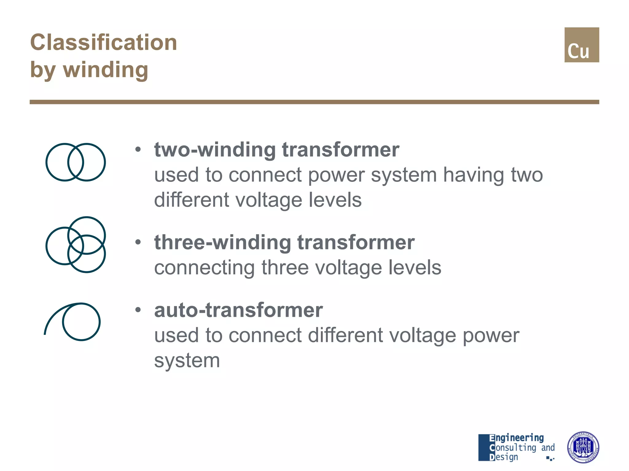 Classification
by winding
• two-winding transformer
used to connect power system having two
different voltage levels
• three-winding transformer
connecting three voltage levels
• auto-transformer
used to connect different voltage power
system
 
