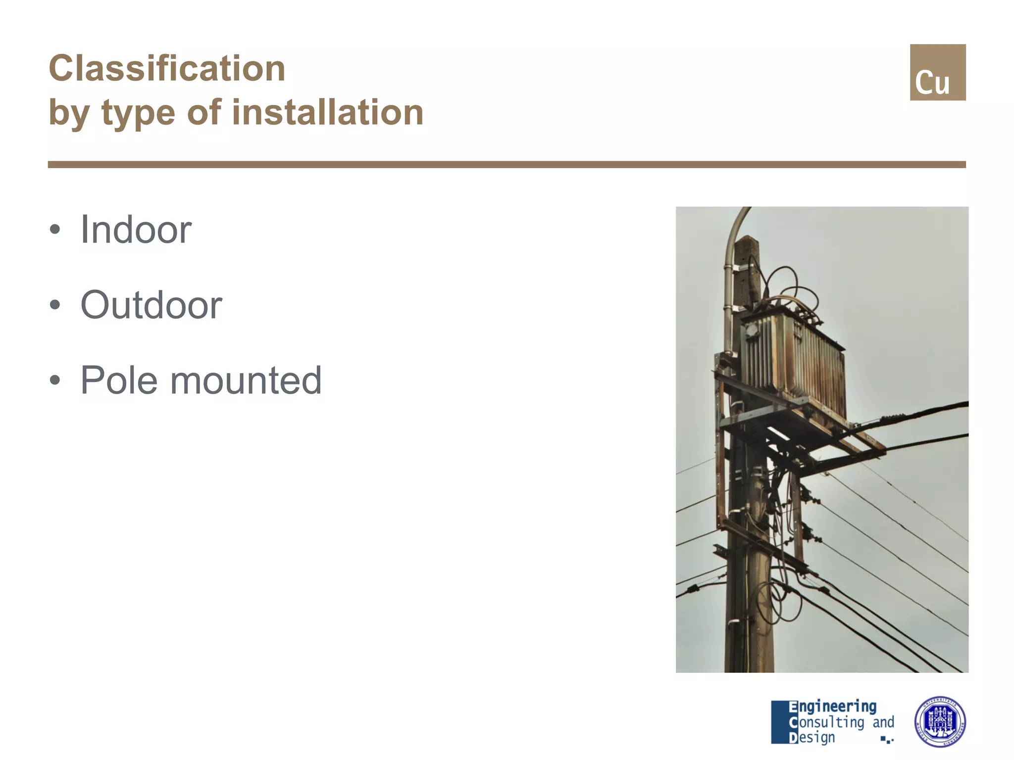 Classification
by type of installation
• Indoor
• Outdoor
• Pole mounted
 