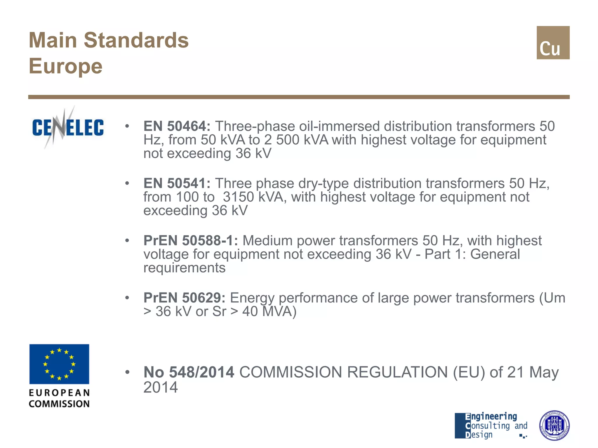 Main Standards
Europe
• EN 50464: Three-phase oil-immersed distribution transformers 50
Hz, from 50 kVA to 2 500 kVA with highest voltage for equipment
not exceeding 36 kV
• EN 50541: Three phase dry-type distribution transformers 50 Hz,
from 100 to 3150 kVA, with highest voltage for equipment not
exceeding 36 kV
• PrEN 50588-1: Medium power transformers 50 Hz, with highest
voltage for equipment not exceeding 36 kV - Part 1: General
requirements
• PrEN 50629: Energy performance of large power transformers (Um
> 36 kV or Sr > 40 MVA)
• No 548/2014 COMMISSION REGULATION (EU) of 21 May
2014
 