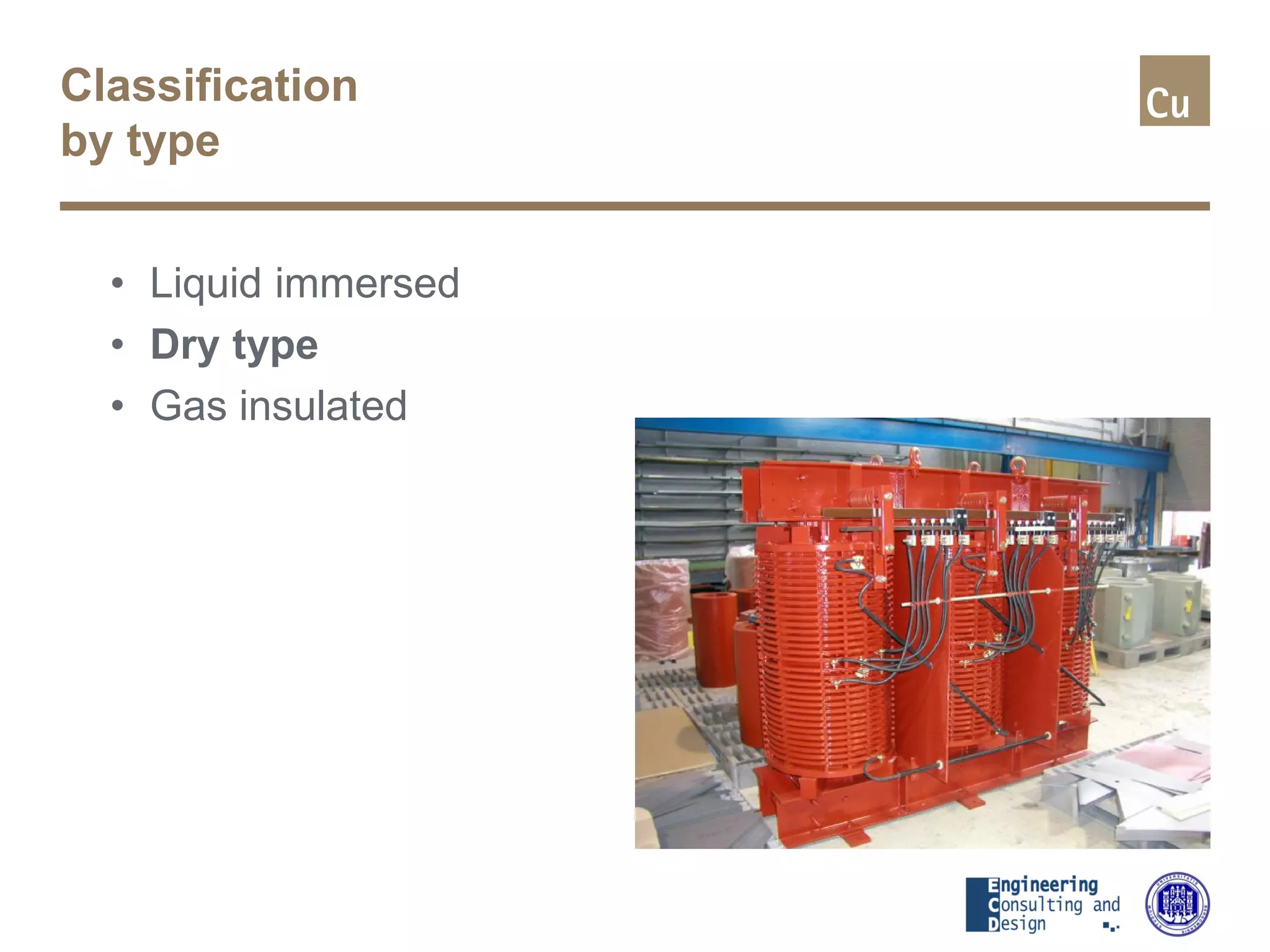 Classification
by type
• Liquid immersed
• Dry type
• Gas insulated
 