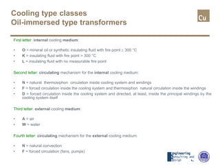 Cooling type classes
Oil-immersed type transformers
First letter: internal cooling medium:
• O = mineral oil or synthetic insulating fluid with fire point ≤ 300 °C
• K = insulating fluid with fire point > 300 °C
• L = insulating fluid with no measurable fire point
Second letter: circulating mechanism for the internal cooling medium:
• N = natural thermosiphon circulation inside cooling system and windings
• F = forced circulation inside the cooling system and thermosiphon natural circulation inside the windings
• D = forced circulation inside the cooling system and directed, at least, inside the principal windings by the
cooling system itself
Third letter: external cooling medium:
• A = air
• W = water
Fourth letter: circulating mechanism for the external cooling medium:
• N = natural convection
• F = forced circulation (fans, pumps)
 