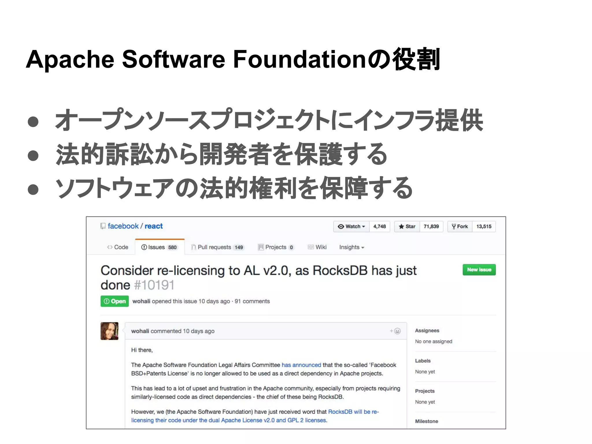 Apache Software Foundationの役割 ● オープンソースプロジェクトにインフラ提供 ● 法的訴訟から開発者を保護する ● ソフトウェアの法的権利を保障する 