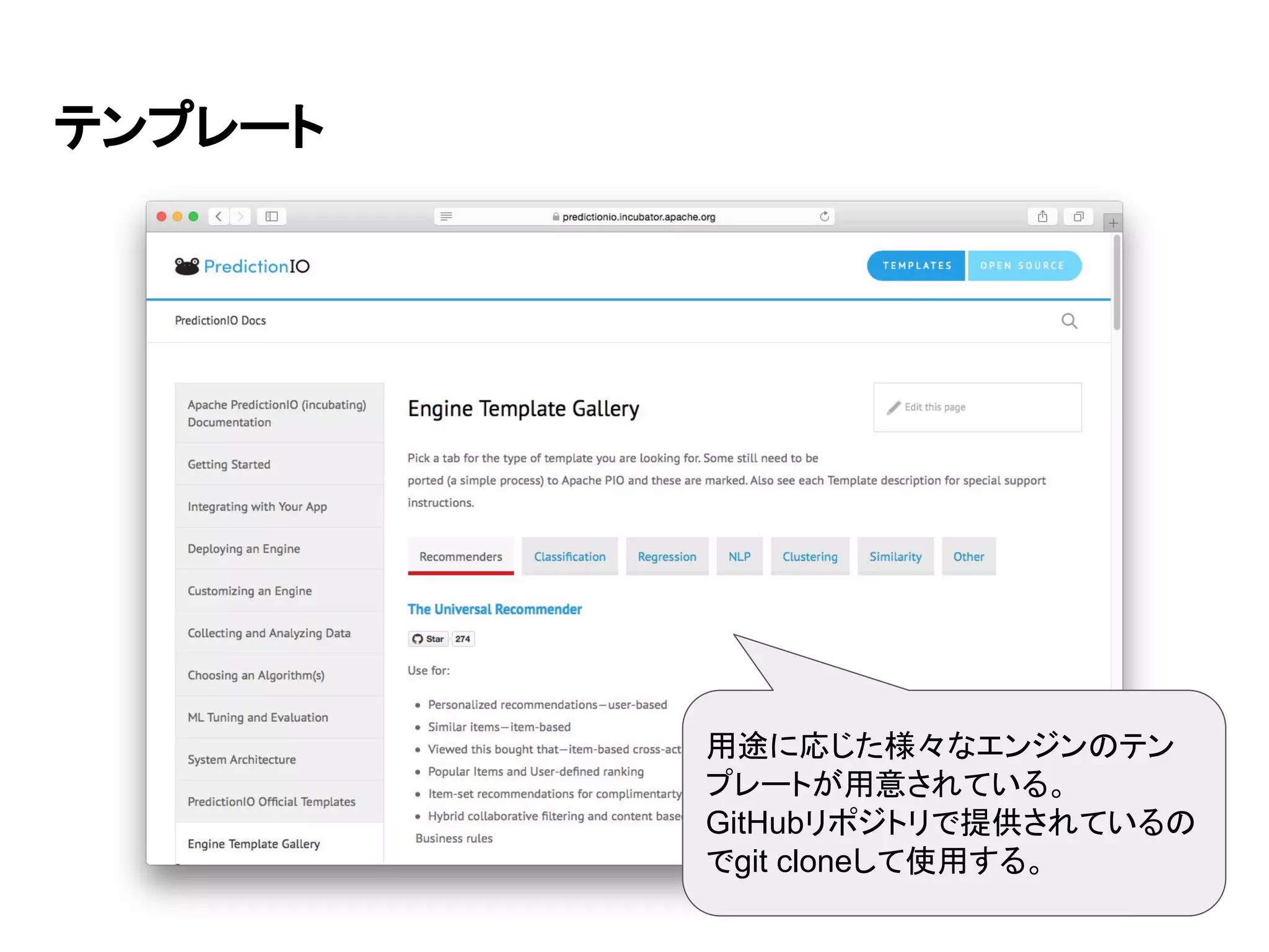 テンプレート 用途に応じた様々なエンジンのテン プレートが用意されている。 GitHubリポジトリで提供されているの でgit cloneして使用する。 