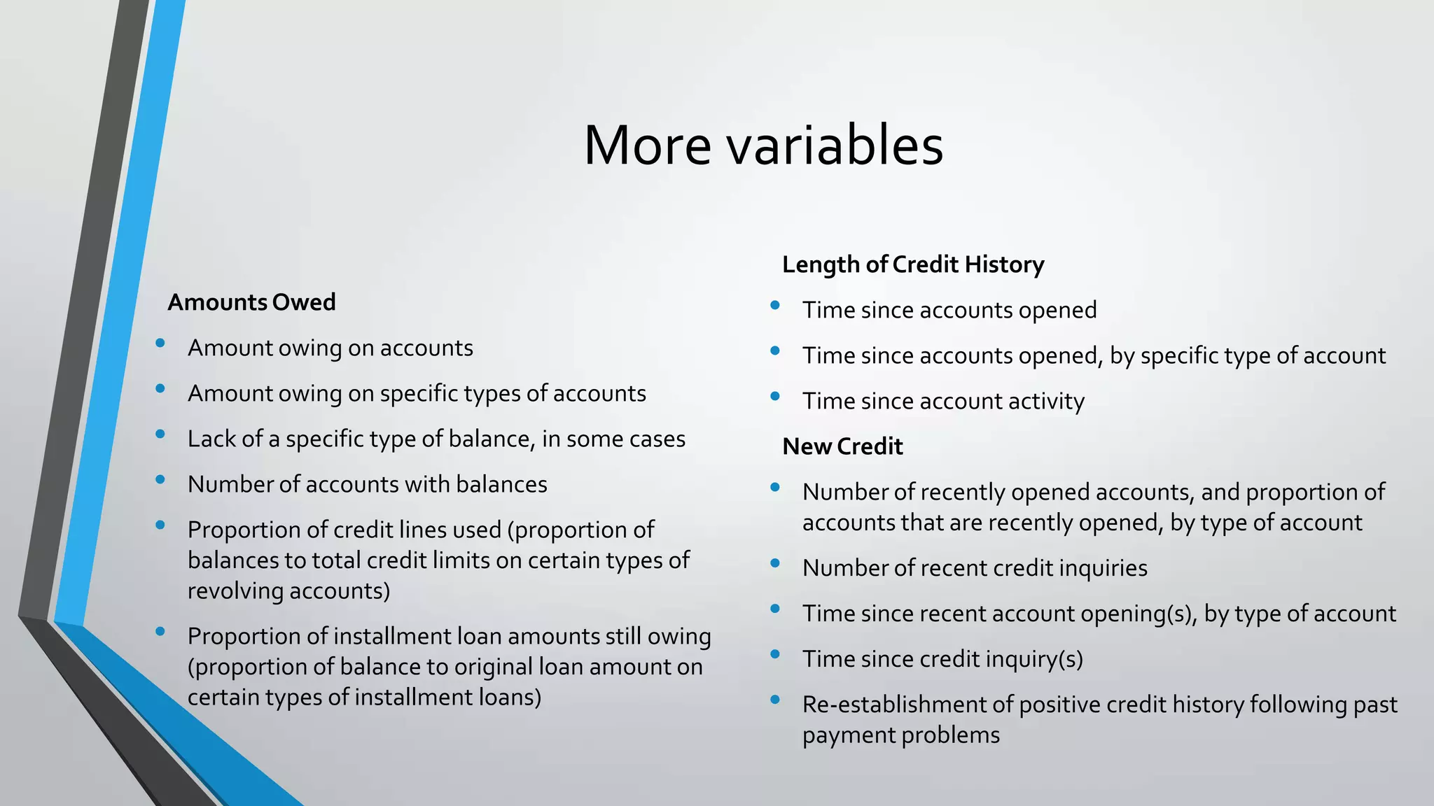 More variables
AmountsOwed
• Amount owing on accounts
• Amount owing on specific types of accounts
• Lack of a specific type of balance, in some cases
• Number of accounts with balances
• Proportion of credit lines used (proportion of
balances to total credit limits on certain types of
revolving accounts)
• Proportion of installment loan amounts still owing
(proportion of balance to original loan amount on
certain types of installment loans)
Length of Credit History
• Time since accounts opened
• Time since accounts opened, by specific type of account
• Time since account activity
New Credit
• Number of recently opened accounts, and proportion of
accounts that are recently opened, by type of account
• Number of recent credit inquiries
• Time since recent account opening(s), by type of account
• Time since credit inquiry(s)
• Re-establishment of positive credit history following past
payment problems
 