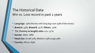 The Historical Data
Win vs. Loss record in past 2 years
• Long legs: 75% (Horses with long legs won 75% of the times)
• BreedA: 55%, Breed B: 15 % Others : 30%
• T/L (Tummy to length) ratio <1/2 :75 %
• Gender: Male -68%
• Head size: Small 10%, Medium 15% Large 75%
• Country: Africa -65%
 