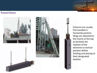 Columns are usually
first handled in
horizontal position.
Slings are attached to
the inserts at the top
to facilitate the
rotation of the
elements to vertical
position before
hoisting and placing to
their designated
location
 