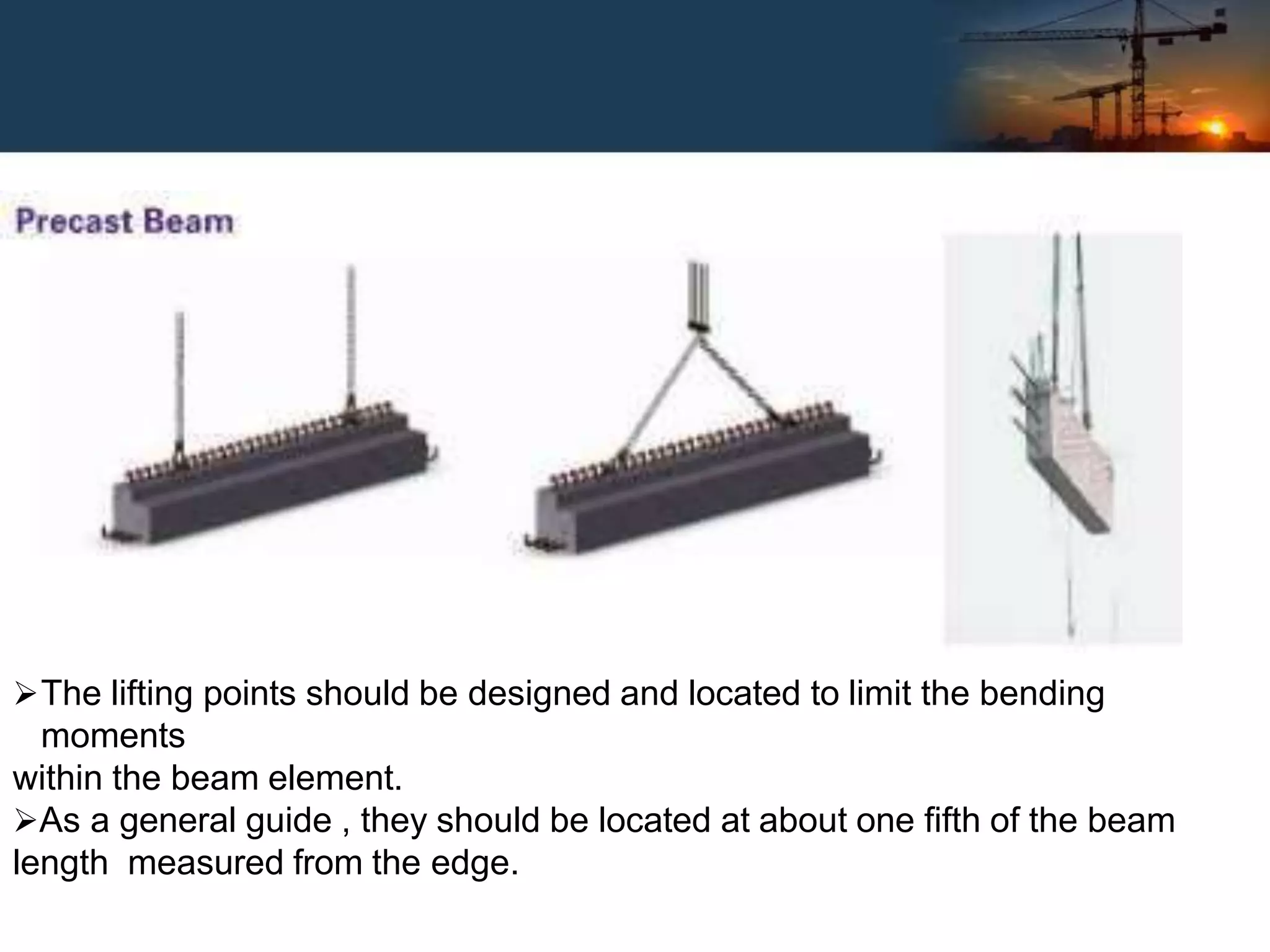 The lifting points should be designed and located to limit the bending
moments
within the beam element.
As a general guide , they should be located at about one fifth of the beam
length measured from the edge.
 