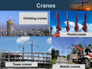 Cranes
Climbing cranes
Portalcranes
Tower cranes
Mobile cranes
 