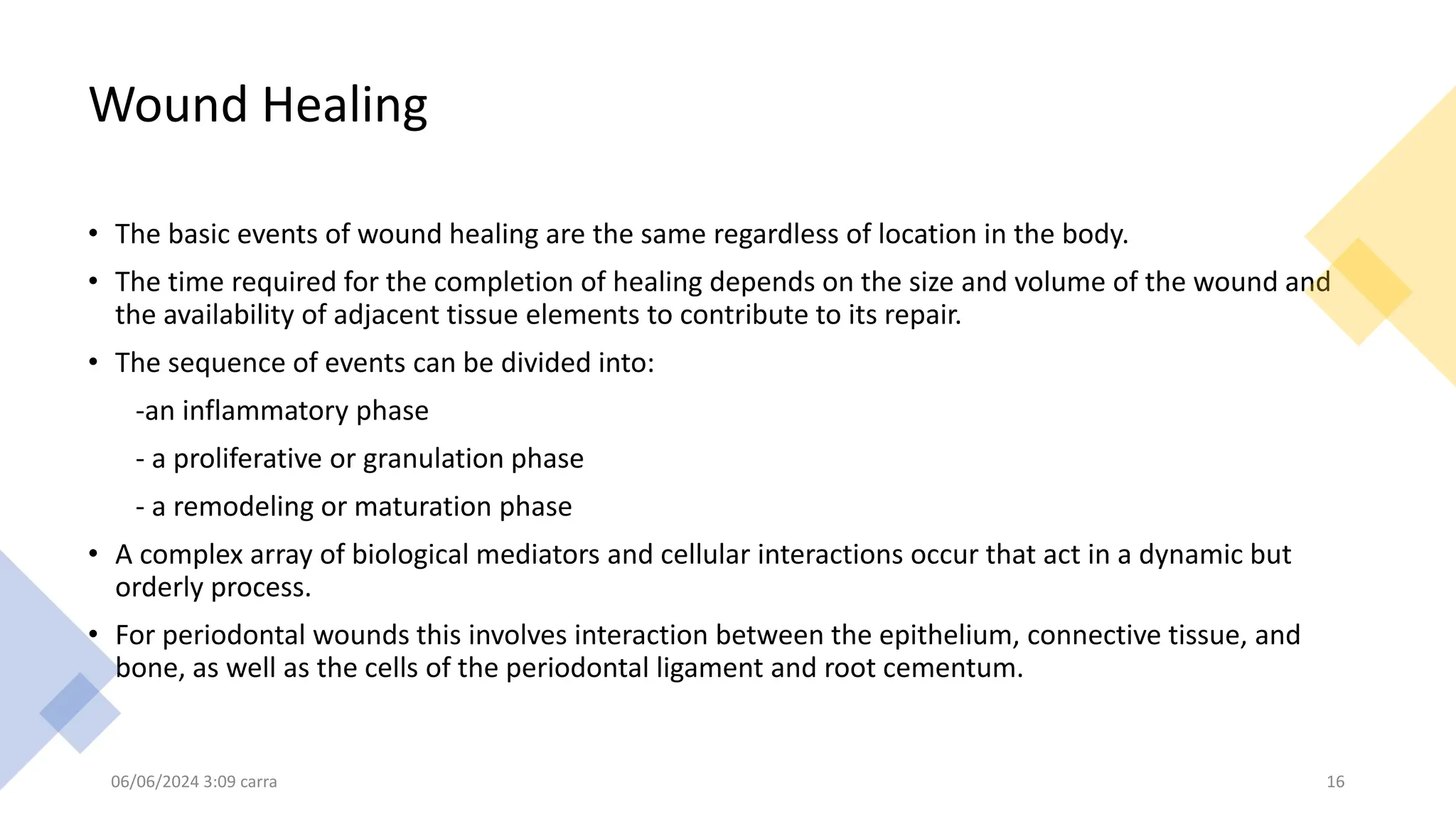 Wound Healing
• The basic events of wound healing are the same regardless of location in the body.
• The time required for the completion of healing depends on the size and volume of the wound and
the availability of adjacent tissue elements to contribute to its repair.
• The sequence of events can be divided into:
-an inflammatory phase
- a proliferative or granulation phase
- a remodeling or maturation phase
• A complex array of biological mediators and cellular interactions occur that act in a dynamic but
orderly process.
• For periodontal wounds this involves interaction between the epithelium, connective tissue, and
bone, as well as the cells of the periodontal ligament and root cementum.
06/06/2024 3:09 carra 16
 