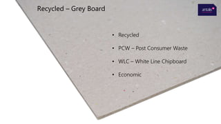 Recycled – Grey Board
• Recycled
• PCW – Post Consumer Waste
• WLC – White Line Chipboard
• Economic
 