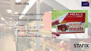 • Indoor, less than 3 months
• Removed, repositioned &
reused
• No glue - No residue
• Quick roll-out/removal
Static cling
 