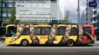 • Noticeable
• Highly influential on buying decision
• Reach group outside of traditional media
Visual Communication – Fleet
Wrap
Agency: Bates Y&R, Copenhagen, 2009
 