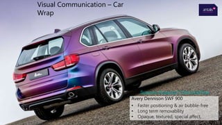 Avery Dennison SWF 900
• Faster positioning & air bubble-free
• Long term removability
• Opaque, textured, special affect,
metallic
Visual Communication – Car
Wrap
Supreme Wrapping™ Film ColorFlow
 