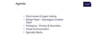 • Short review of paper making
• Design Paper – Arjowiggins Creative
Paper
• Packaging – Primary & Secondary
• Visual Communication
• Specialty Media
Agenda
 