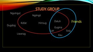 Tihik
Kidlat
Dugdog
Ngitngit
Himsug
Liwanag
Datuh
Sah
Gugma
Friends
Ngutngut
Kau
 