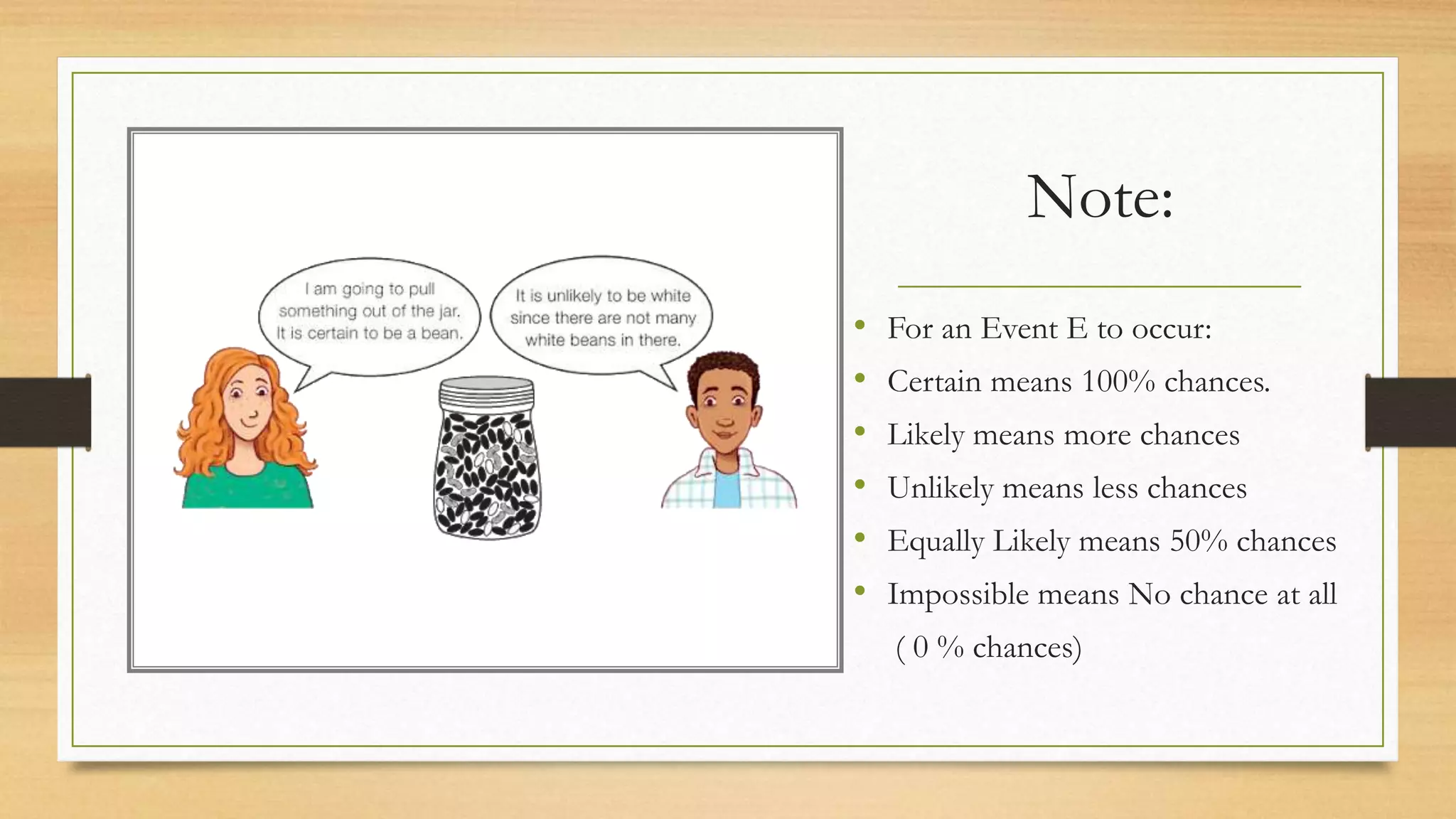 Note:
• For an Event E to occur:
• Certain means 100% chances.
• Likely means more chances
• Unlikely means less chances
• Equally Likely means 50% chances
• Impossible means No chance at all
( 0 % chances)
 