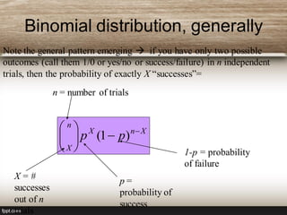 Binomial distribution, generally
XnX
n
X
pp 






)1(
1-p = probability
of failure
p =
probability of
success
X = #
successes
out of n
trials
n = number of trials
Note the general pattern emerging  if you have only two possible
outcomes (call them 1/0 or yes/no or success/failure) in n independent
trials, then the probability of exactly X “successes”=
 