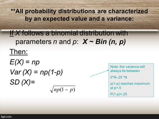 **All probability distributions are characterized
by an expected value and a variance:
If X follows a binomial distribution with
parameters n and p: X ~ Bin (n, p)
Then:
E(X) = np
Var (X) = np(1-p)
SD (X)=
)1( pnp 
Note: the variance will
always lie between
0*N-.25 *N
p(1-p) reaches maximum
at p=.5
P(1-p)=.25
 