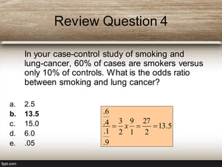 Review Question 4
In your case-control study of smoking and
lung-cancer, 60% of cases are smokers versus
only 10% of controls. What is the odds ratio
between smoking and lung cancer?
a. 2.5
b. 13.5
c. 15.0
d. 6.0
e. .05
5.13
2
27
1
9
2
3
9.
1.
4.
6.
 x
 
