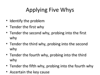 Applying Five Whys
• Identify the problem
• Tender the first why
• Tender the second why, probing into the first
why
• Tender the third why, probing into the second
why
• Tender the fourth why, probing into the third
why
• Tender the fifth why, probing into the fourth why
• Ascertain the key cause
 