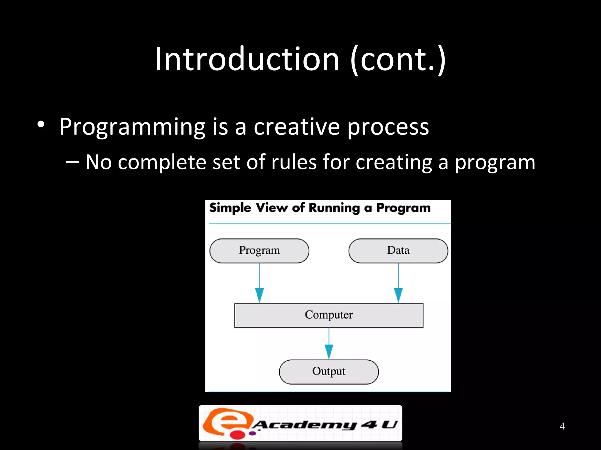 Introduction (cont.)
• Programming is a creative process
  – No complete set of rules for creating a program




                                                      4
 