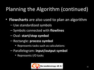 Planning the Algorithm (continued)
• Flowcharts are also used to plan an algorithm
  – Use standardized symbols
  – Symbols connected with flowlines
  – Oval: start/stop symbol
  – Rectangle: process symbol
     • Represents tasks such as calculations
  – Parallelogram: input/output symbol
     • Represents I/O tasks


                                               34
 