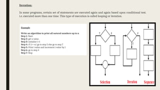 Iteration:
In some programs, certain set of statements are executed again and again based upon conditional test.
i.e. executed more than one time. This type of execution is called looping or iteration.
Example
Write an algorithm to print all natural numbers up to n
Step 1: Start
Step 2: get n value.
Step 3: initialize i=1
Step 4: if (i<=n) go to step 5 else go to step 7
Step 5: Print i value and increment i value by 1
Step 6: go to step 4
Step 7: Stop
 