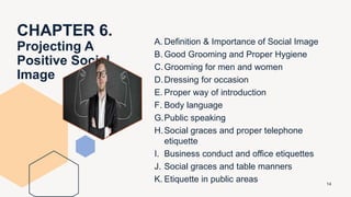 CHAPTER 6.
Projecting A
Positive Social
Image
A. Definition & Importance of Social Image
B. Good Grooming and Proper Hygiene
C.Grooming for men and women
D.Dressing for occasion
E. Proper way of introduction
F. Body language
G.Public speaking
H.Social graces and proper telephone
etiquette
I. Business conduct and office etiquettes
J. Social graces and table manners
K. Etiquette in public areas 14
 