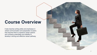 Course Overview
It also teaches writing skills and emphasize in
verbal communication and preparation of plans
that requires them to research career options
and company potentiality and stability to
develop a strong and effective career pathway.
7
 